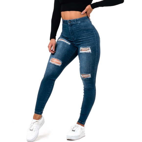 FIT JEANS regular 4 hole ripped high waisted azure blue medium fitjeans stretch - Picture 1 of 4